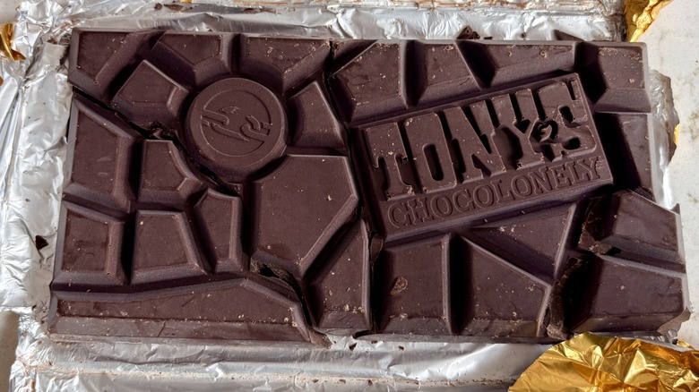 A closeup of Tony's Chocolonely 70% dark chocolate bar