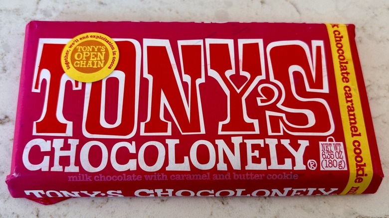 Tony's Chocolonely milk chocolate caramel cookie bar wrapped