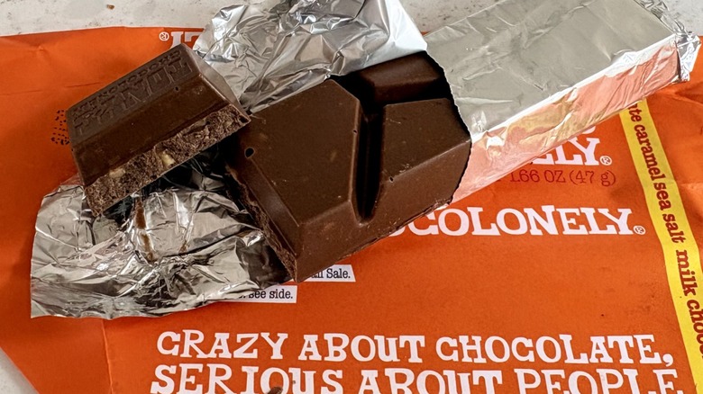 A closeup of Tony's Chocolonely milk chocolate caramel sea salt bar