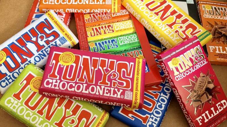 A variety of Tony's Chocolonely chocolate bar flavors