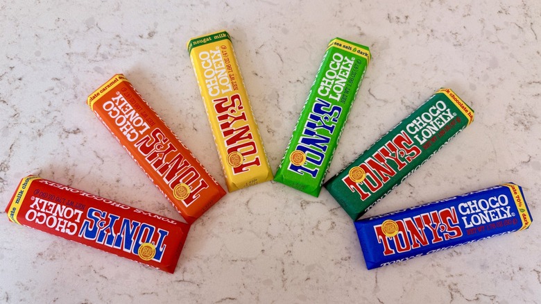 An arc of Tony's Chocoloney individual size bars in different color wrappers