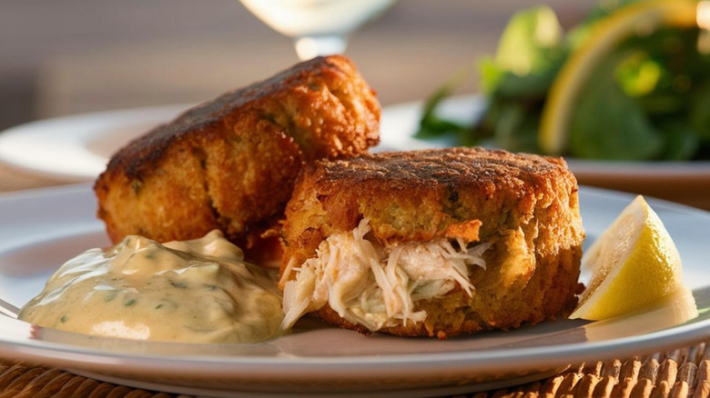 Fried crab cakes on a plate with dipping sauce and lemon