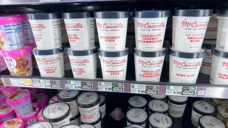 Cartons of McConnell's ice cream in fridge