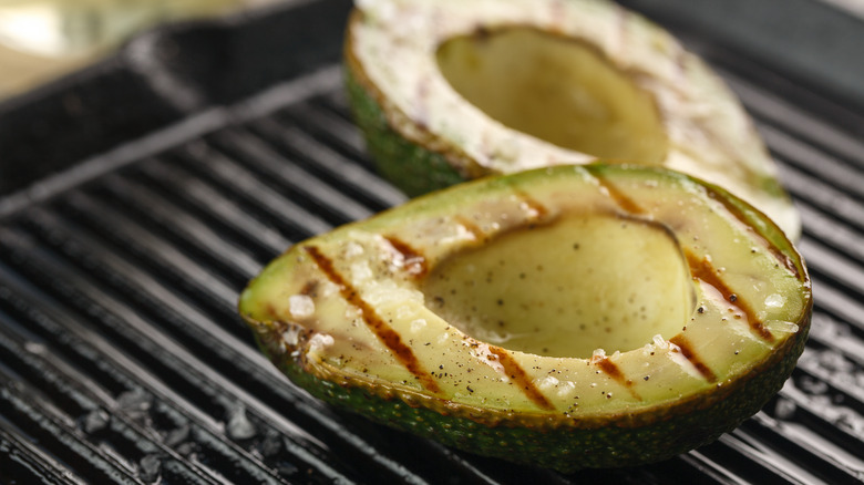 Closeup of avocado on grill pan