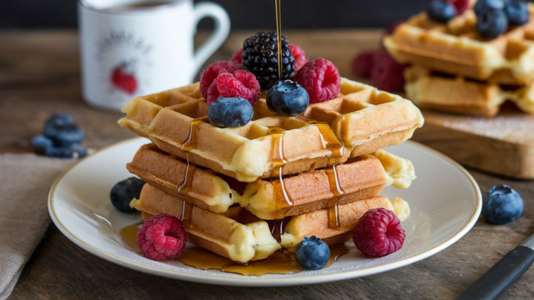 homemade waffles topped with maple syrup and berries
