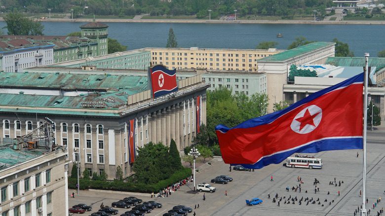 An aerial shot of North Korea, featuring the flag and the city below