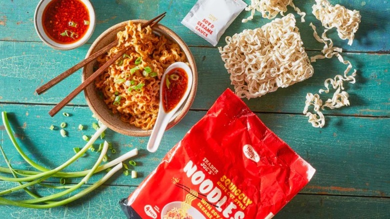 package of Trader Joe's Squiggly Knife Cut Style Noodles with a bowl of ramen