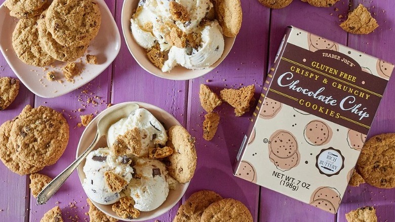 box of Trader Joe's Gluten Free Crispy & Crunchy Chocolate Chip Cookies with bowls of cookies and ice cream