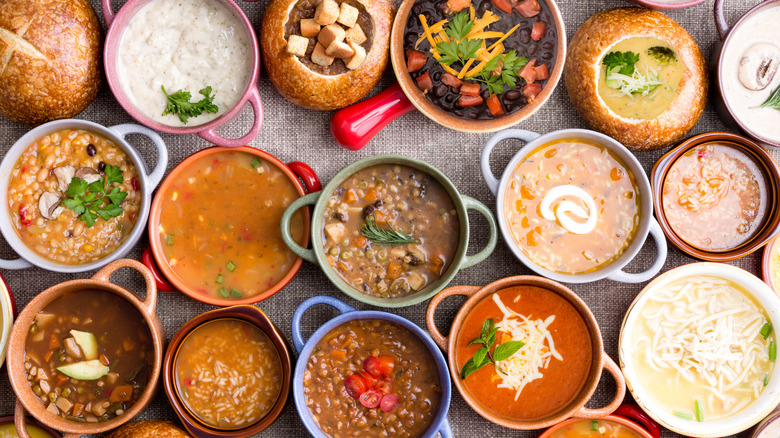 Top view of assorted bowls of soup