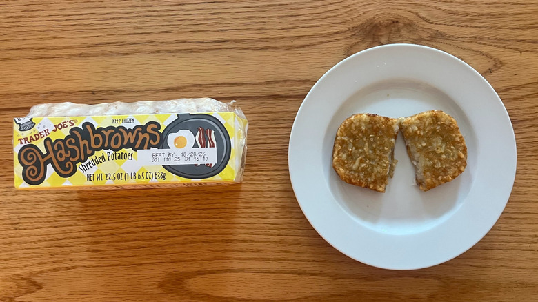 Box of Trader Joe's has browns with one on a plate sliced in half