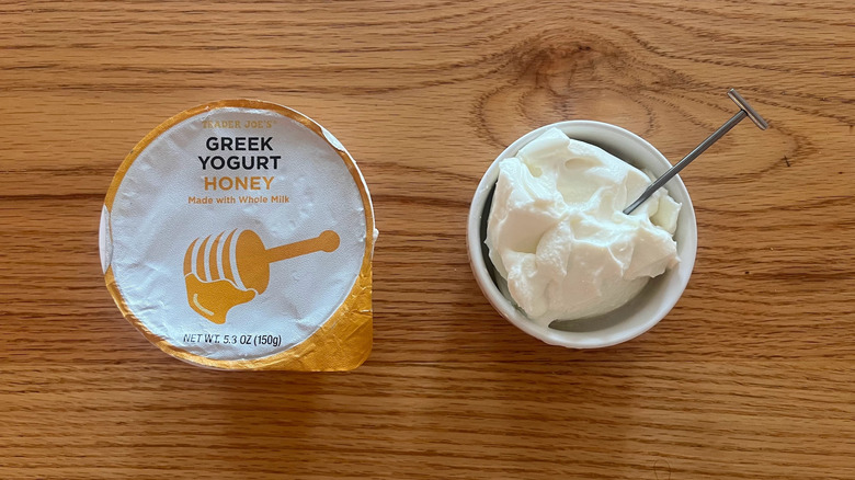 Trader Joe's Honey Greek yogurt in a bowl with a spoon