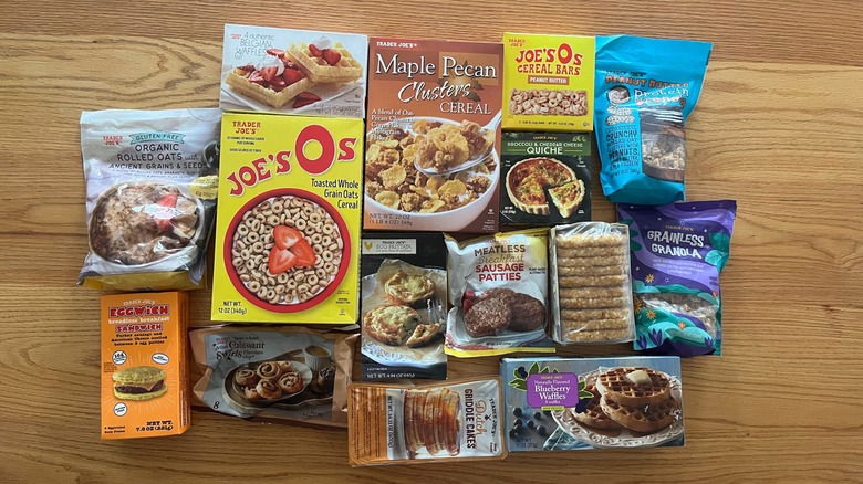 An array of Trader Joe's breakfast foods on a wood counter
