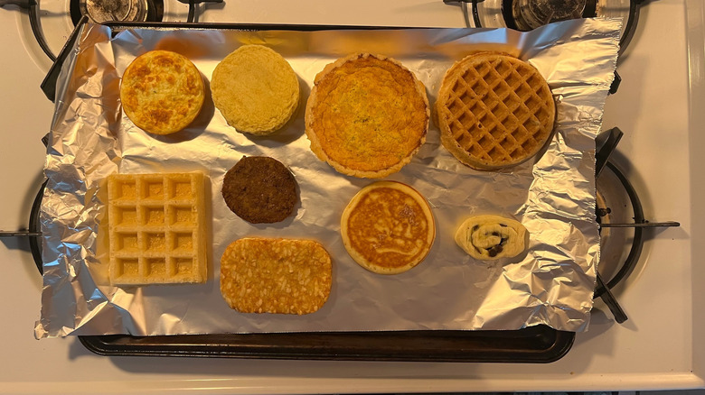 An array of Trader Joe's breakfast items on a baking sheet