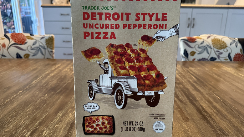 Trader Joe's Detroit Style Pepperoni Pizza box on wooden table