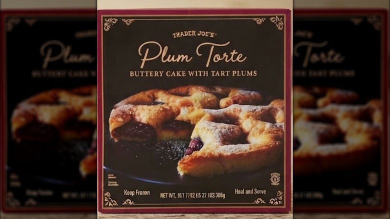 Trader Joe's Plum Torte in package on brown background