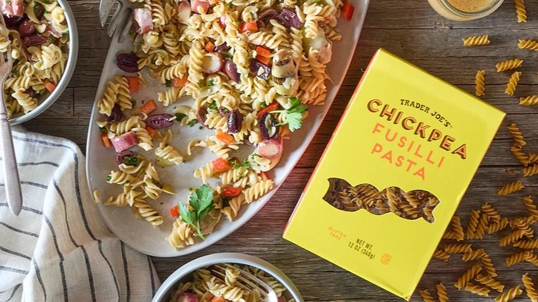 box of Trader Joe's chickpea fusilli