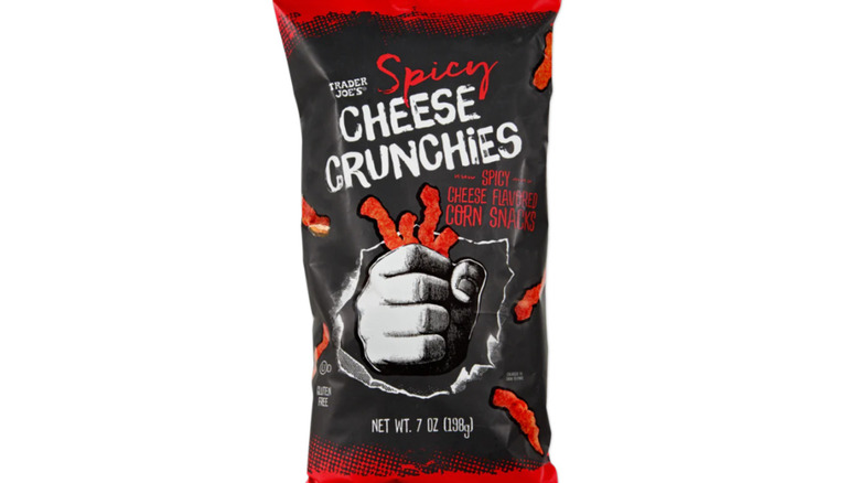 Bag of Trader Joe's Spicy Cheese Crunchies on white background