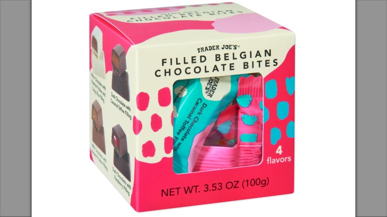 Trader Joe's Filled Belgian Chocolate Bites in multi-colored box on white background