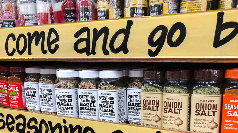 One of the shelves in the seasoning section of a Trader Joe's store
