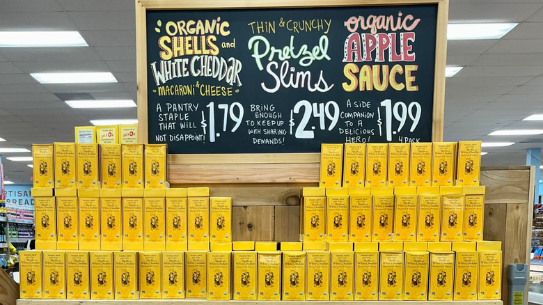Trader Joe's White Cheddar macaroni and cheese boxes are on a display in store.