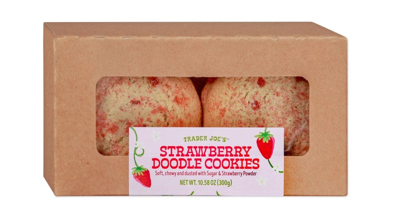 A cardboard box of the Trader Joe's Strawberry Doodle Cookies on a white background.