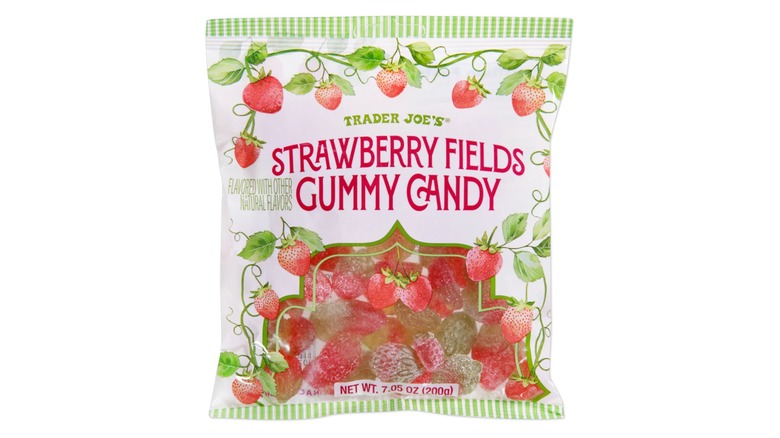 A bag of Trader Joe's Strawberry Fields Gummy Candy on a white background.