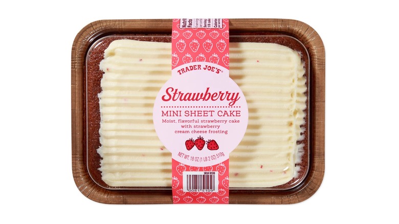 The Trader Joe's Strawberry Mini Sheet Cake in its package on a white background.