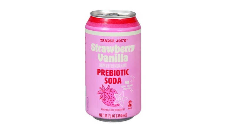 A can of the Trader Joe's Strawberry Vanilla Prebiotic Soda on a white background.