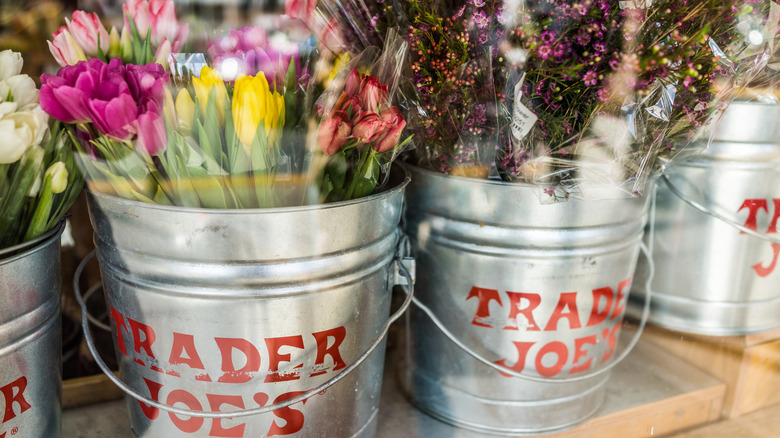 Buckets of Trader Joe's flowers