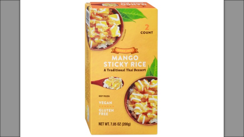 A box of Trader Joe's Mango Sticky Rice on a white background.