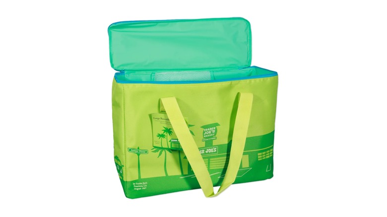 A product image of Trader Joe's lime green insulated bag with the flat top opened