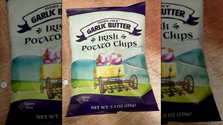 Trader Joe's Garlic Butter Irish Potato Chips on a wooden surface