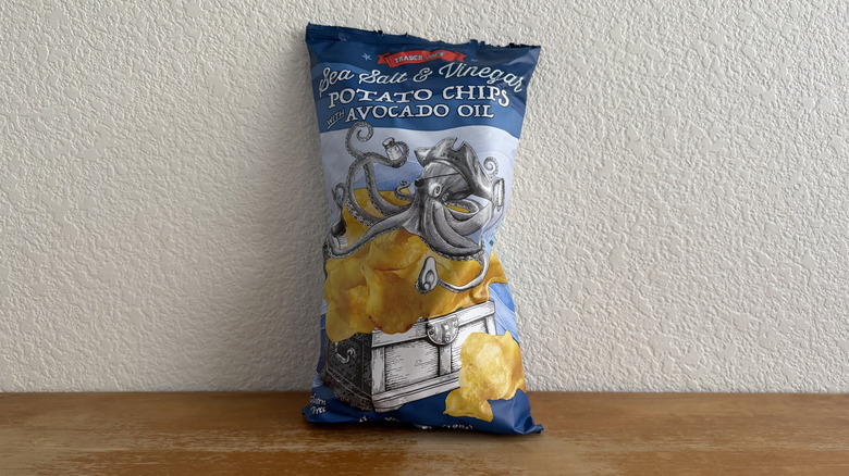 Trader Joe's chip bag upright on table