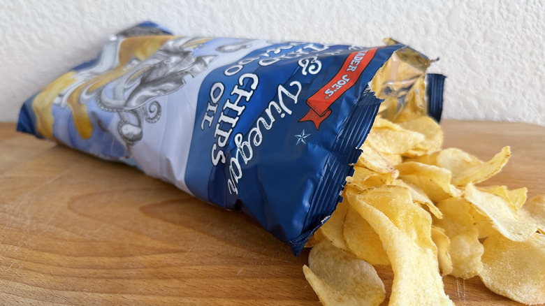 Trader Joe's chip bag spilling onto cutting board