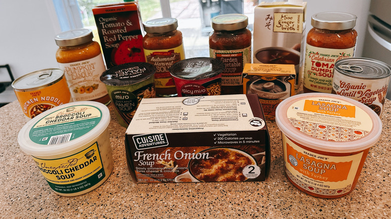 Variety of Trader Joe's Soups on granite counter top