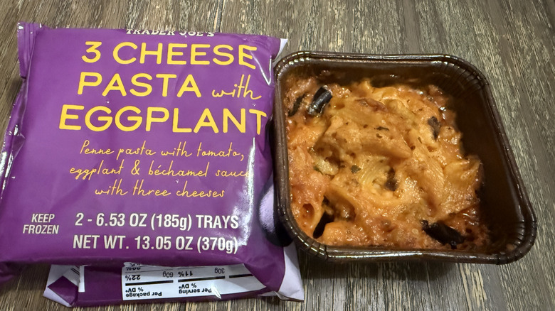 Trader Joe's 3 Cheese Pasta with Eggplant cooked next to package