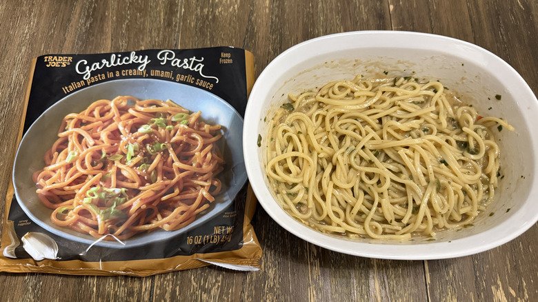 Trader Joe's Garlicky Pasta cooked next to package