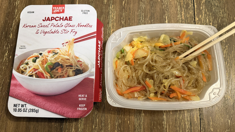 Trader Joe's Japchae Frozen Pasta cooked next to package