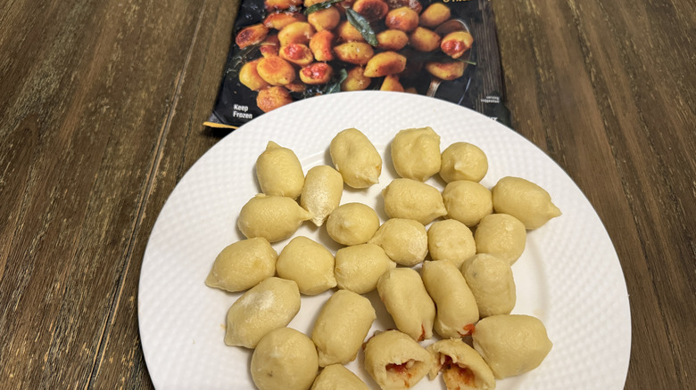 Trader Joe's Outside-in stuffed Gnocchi cooked next to package