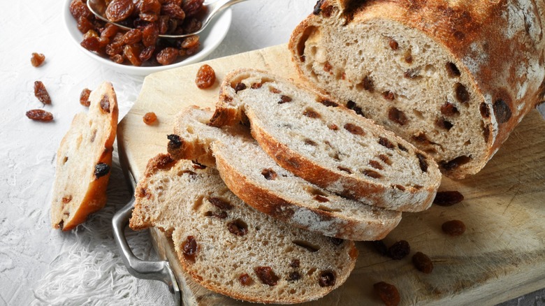 Loaf of raisin bread with slices cut off the end