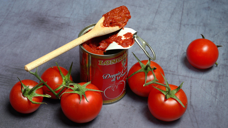 An open can of tomato sauce with a wooden spoon, surrounded by tomatoes