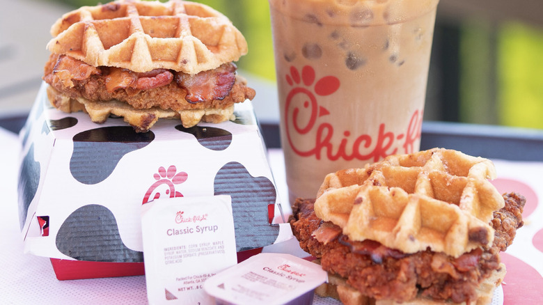 Chick-fil-a Chicken & Waffles served with drink and condiments.