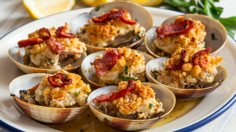 Baked clams casino with breadcrumbs and bacon