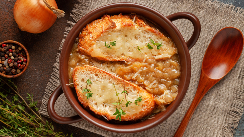 Top view of small crock of French onion soup
