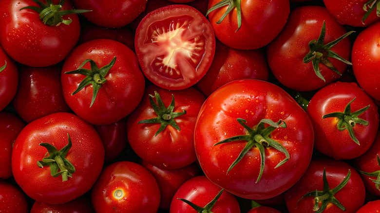 Red tomatoes of all sizes with green stem attached