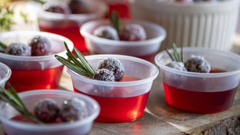 Jell-O shots with cranberry garnish