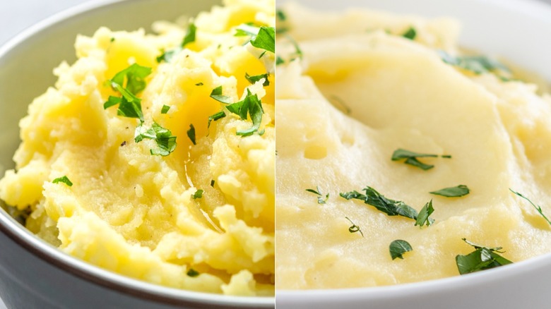Two photos of chunky and creamy mashed potatoes shown side by side