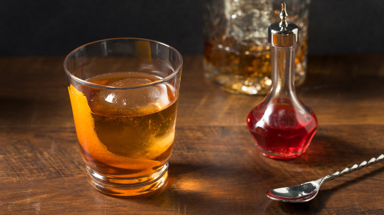 Rye Whiskey Vieux Carre Cocktail with Orange and Vermouth