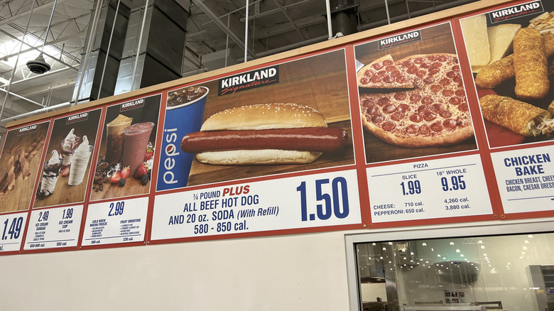 Signs for menu items at a Costco food court