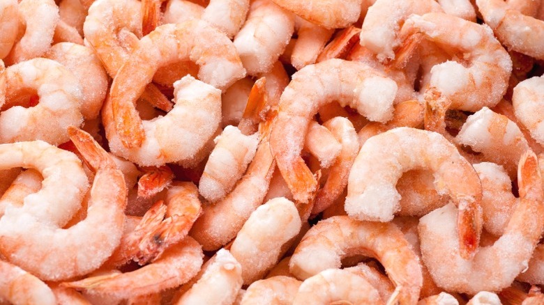 An assortment of peeled, frozen shrimp